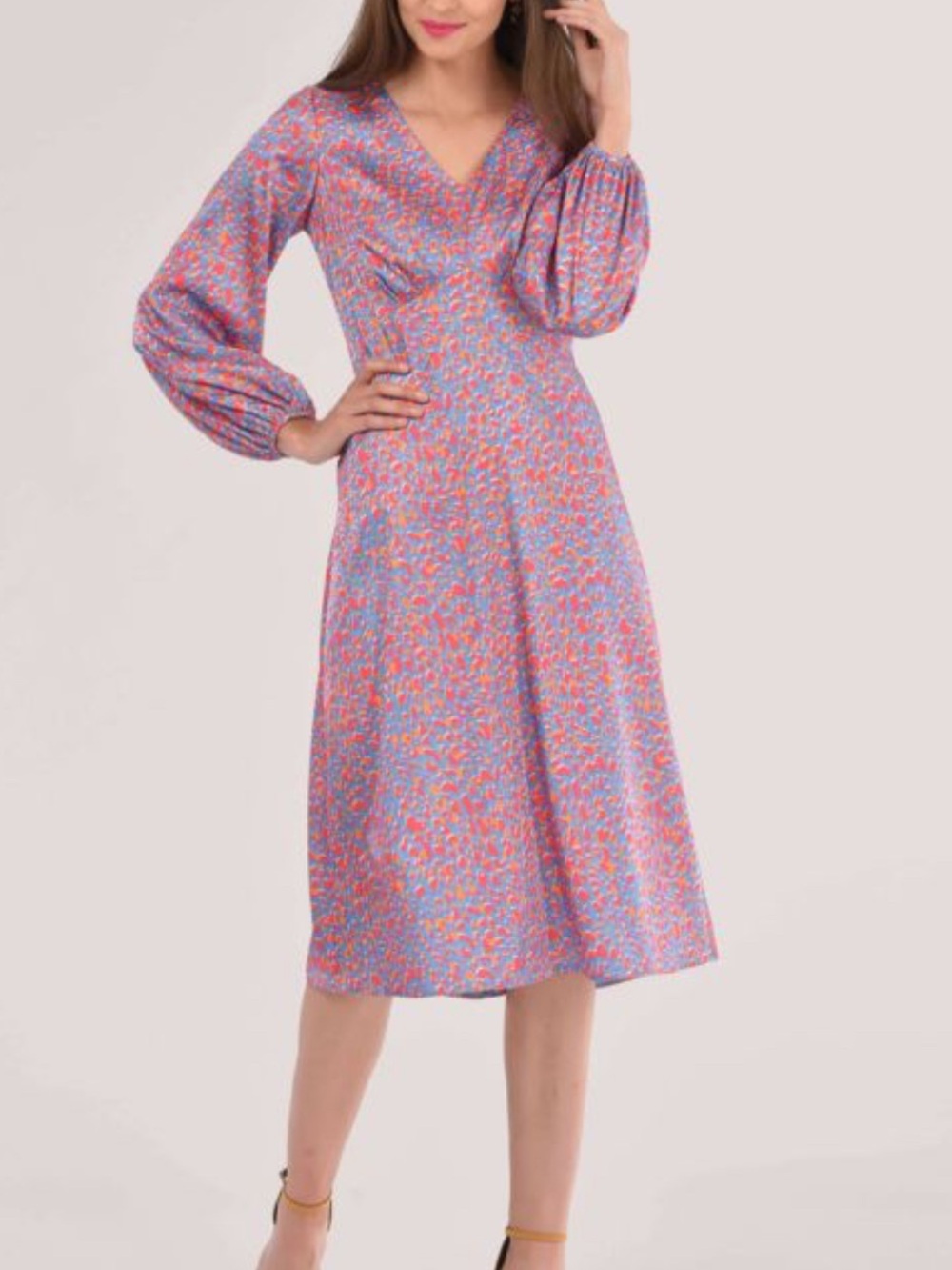 Closet London New Women’s Midi Dress V-Neck Long Sleeve Red Blue Abstract Print